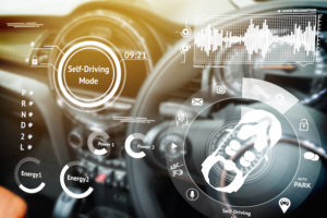 Smart car (HUD) concept. Empty cockpit in vehicle and Self-Driving mode car graphic screen with flare light